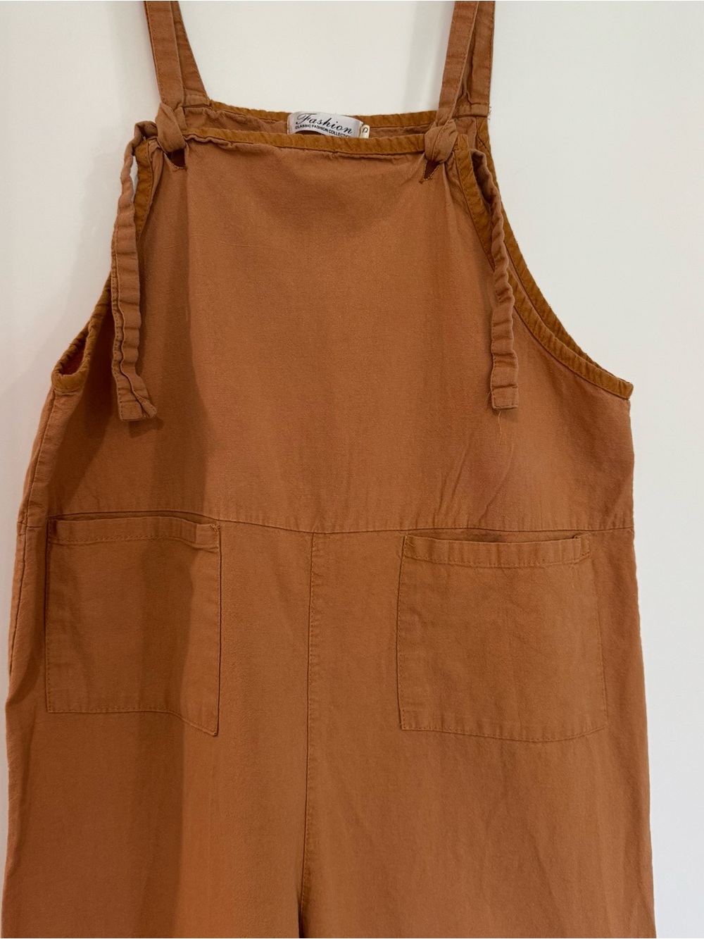 Brown Cotton Overalls Jumpsuit Small | Adjustable Tie Straps Pocket Romper Boho - Picture 3 of 8